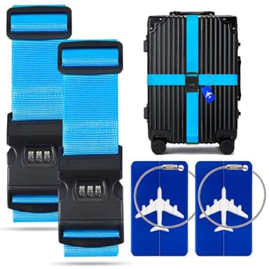 BILIONE 2 Pack Luggage Straps for Suitcases with Password Lock & Metal Airplane Tags, Adjustable Suitcase Belt & Travel Belt, Luggage Connector Straps to Connect Two Bags 20-34 Inch (Blue)