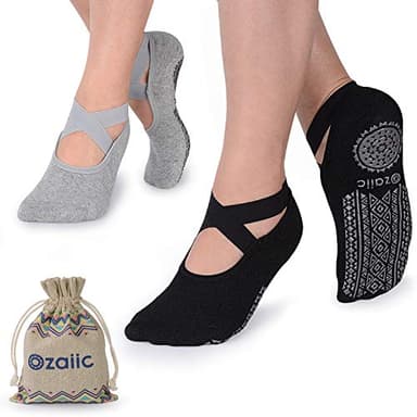 Ozaiic Pilates Socks for Women Non Slip Grip, Yoga Socks with Grippers for Barre, Hospital, Ballet, Dance, Barefoot Workout (2 Pairs- Black/Gray, one_size)