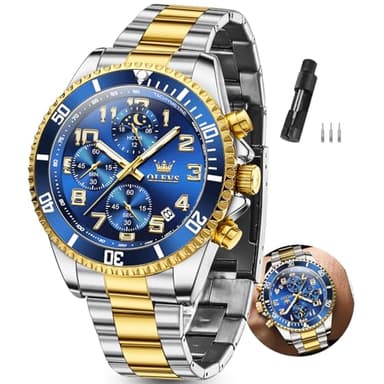 OLEVS Blue Watches for Men,Men's Gold and Sliver Two Tone Stainless Steel Luxury Dress with Blue Face Waterproof Wrist Mens Watch with Date Waterproof Luminous Relojes para Hombres