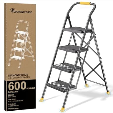 Step Ladder Foldable Folding Stool - for Home Adults Kitchen 4 Stepping Extension Tall Heavy Duty with Handrails - Closet Stepstool Stair Ladders Extendable Stepladder for Indoor House 600Lbs