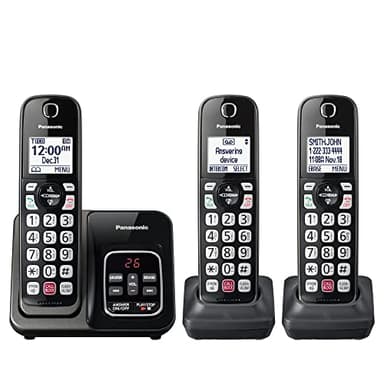 Panasonic Cordless Phone with Answering Machine, Advanced Call Block, Bilingual Caller ID and High-Contrast Display, Expandable System with 3 Handset Cordless Telephones - KX-TGD833M (Metallic Black)