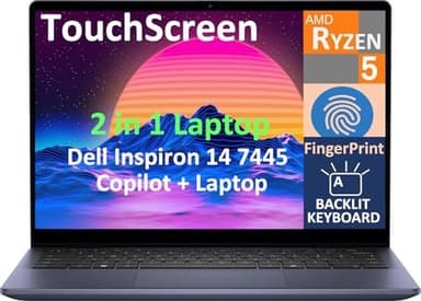 Dell 2026 Inspiron 14 7445 2-in-1 Business Laptop, 14.0" Touchscreen IPS FHD+ Display (AMD Ryzen 5 8640HS, 16GB DDR5, 1TB SSD, AI Copilot, Backlit KYB, Fingerprint, WiFi 6E, BT 5.3, Win 11 Home)