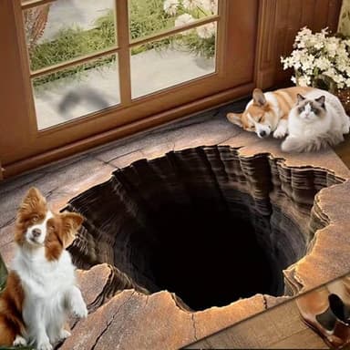 3D Optical Illusion Rug with Hole Effect – Interactive Illusion Rug for Fun Pet Reactions, for Dogs & Cats, Non-Slip Visual Trick Floor Décor for Living Room & Entry Spaces 24 * 35.5in (A)