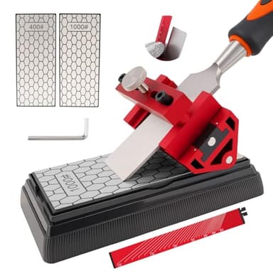 Chisel Sharpening Kit with Honing Guide & 400/1000 Grit Diamond Stone, Woodworking Sharpening Jig for Chisels & Plane Blades, Angle Guide, Non-Slip Base & Bag
