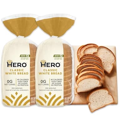 Hero Bread Classic White Bread — 0g Net Carb, 0g Sugar, 45 Calories, 11g Fiber per Slice —2 15.9oz Loaves | 15 slices per loaf