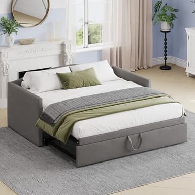 Merax Twin Size Velvet Daybed with Extended Pop Up Trundle, Upholstered Sofa Bed Daybed, Space-Saving Twin to King Design for Guest Room, Mattress not Included, Gray