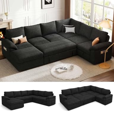 SUAWY 108 Inch Modular Sectional Sofa with Pull Out Bed, U Shaped 7 Seat Sectional Sleeper Sofa with Storage, Sectional Couches for Living Room,Cloud Modular Couch, Removable Sofa Cover, Black