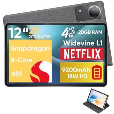 N-one Android Tablet,Qualcomm Snapdragon 8-Core 20GB 128GB 12 inch FHD Screen, Android 14 Tablets 4G LTE SIM Cellular 2.4&5GHz WiFi 9200mAh 18W Fast Charger GPS for Work Study and Business