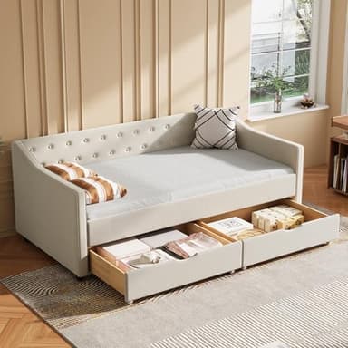 Ball & Cast Twin Size Upholstered Daybed with Two Storage Drawer, Day Bed Frame w/Button Tufted Back and Wave Shape Arm for Bedroom, Guest Room,Apartment,Beige