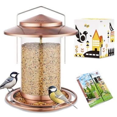 iBorn Bird Feeders for Outdoors Hanging,Metal Bird Feeders for Cardinal Chew Proof 18cm Large Roof&Tray Birdfeeders Outside Hanging,Brushed Copper 6 Port (Seed is not Included)