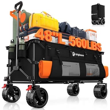 48" L Collapsible Wagon Cart Foldable, 560lbs Weight Capacity 300L Heavy Duty Folding Beach Wagons with Big All-Terrain Wheels, Utility Carts for Groceries, Shopping, Camping, Sports - Black