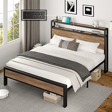 AMERLIFE Full Size Bed Frame Industrial Platform Bed with Charging Station, 2-Tier Storage Headboard/No Box Spring Needed/Noise-Free/Rustic Brown