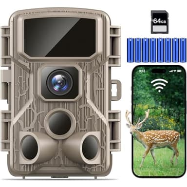 Punvoe Trail Camera WiFi 4K 64MP with 64GB Memory Card 8 Batteries and Night Vision Ip67 Waterproof 130°Wide Angle 0.1s Trigger Speed, Suitable for Outdoor Wildlife Detection, Monitoring Game Cam
