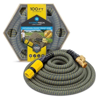 HydroTech 100 ft Expandable Garden Hose with Patented Force Control Technology - 5/8" No-Kink Flexibility, Lightweight Hose for Lawn, Garden, Car Washing, Deck and Patio Cleaning