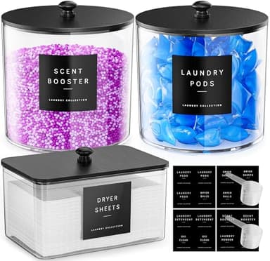 galasily 3 Pack Laundry Pods Container, Clear Laundry Room Organization Containers,Large Acrylic Detergent Powder Storage Containers Black Wooden Lids & Labels, Dryer Sheet Holder