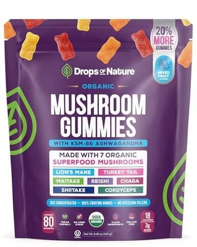 Drops Of Nature Lions Mane & Ashwagandha Gummies – Turkey Tail, Maitake, Reishi, Chaga, Shiitake, Cordyceps – Organic, Low Carb Superfood Gummies – 8 in 1 Mushroom Blend (Mixed Fruit, 80 Gummy Bears)