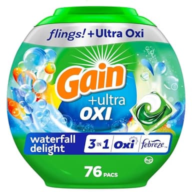 Gain Flings Ultra Oxi Laundry Detergent Pacs, 76 Count, Waterfall Delight Scent, 3-in-1, HE Compatible