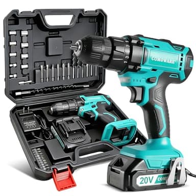 COMOWARE 20V Cordless Drill, Electric Power Drill Set with 1 Battery & Charger, 3/8” Keyless Chuck, 2 Variable Speed, 266 In-lb Torque, 25+1 Position and 34pcs Drill/Driver Bits