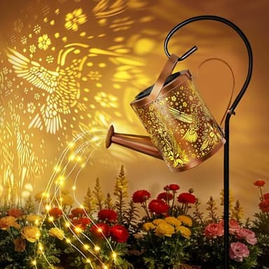 Ollny Solar Watering Can with Cascading Lights Outdoor Garden Decor, Birthday Gifts for Mom Grandma Women, IP65 Waterproof 2 Lighting Modes Hanging Lanterns for Yard Patio Lawn (Hummingbird)
