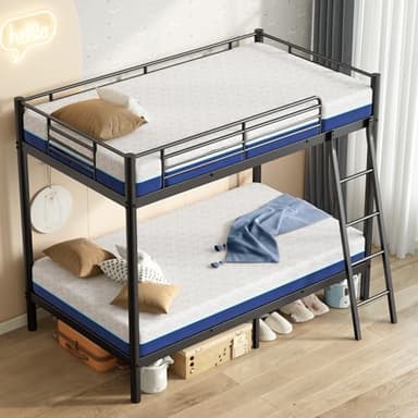 SDHYL Twin Over Twin Bunk Bed with Mattresses, All-in-One Metal Bunk Bed Set for Kids/Adults, Heavy Duty Sturdy Frame, Two 6 Inch Twin Memory Foam Mattress Included, Space-Saving, Easy Assembly
