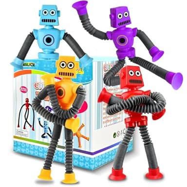 Robot Sensory Travel Toys 4Pcs for Toddlers Kid Boy Year Old Ages 3 4 5 6 7 8 9, Airplane Activities Suction Autism Pop Tube Fidget Toys Autistic Stocking Easter Basket Stuffer Valentine Gift for Kids