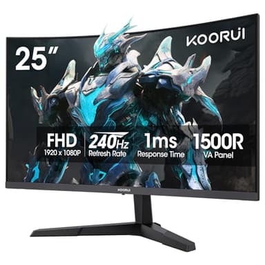 KOORUI 25 Inch Curved Gaming Monitor 240Hz FHD 1080P Computer Monitor, 1500R 1ms MPRT Display, Adaptive Sync, 90% DCI-P3,HDR, Eye Care, Tilt Adjustable, VESA 75x75mm, Black,G2511XC