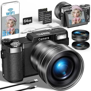 FLATIC 5K 64MP Digital Camera with WiFi, Autofocus Vlogging Camera for Photography, 180° Flip Screen, 18X Zoom, Wide Angle & Macro Lens, Webcam, 64GB Card, 2 Batteries, Camera for Beginners Teens