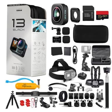 GoPro HERO13 (Hero 13) Ultra Wide Edition in Black - Waterproof Action Camera - 5.3K HDR Video, 27MP Photos, 1/1.9" Image Sensor, Live Streaming, Webcam + 64GB Card & 50 Piece Accessory Kit - Bundle