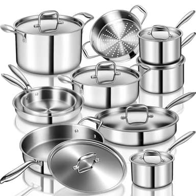EWFEN Stainless Steel Cookware Set, 3 Ply 17 Piece Stainless Steel Pot and Pan Set, Oven Dishwasher Safe | Induction Compatible Frying Pans, Saucepans, Saute Pan & Stock Pot, PFOA, PTFE & PFOS Free