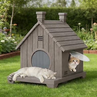 GULAIMOAO Outdoor Cat House Weatherproof, Durable Resin Cat Houses for Outdoor Indoor Cats, Litter Box Enclosure with Elevated Base, Anti-Slip Pad, Ventilation, Grey