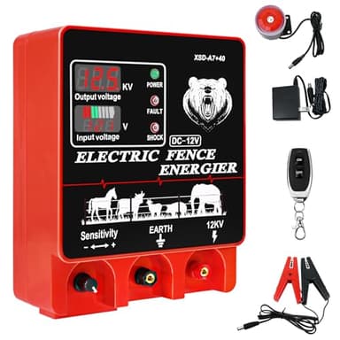 9J Electric Fence Charger Energizer, 9 Joules 20 Miles, AC DC 2 in 1 Powered Supply, Input 12V Output 12KV, with Display Alarm and Remote, Deter Predators, Contain Cattle Cow and Livestock