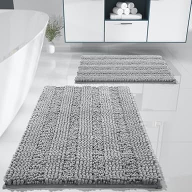 Yimobra Bathroom Rug Set 2 Piece, Soft Absorbent Chenille Bath Mat Set, Non Slip Machine Washable Quick Dry, Plush Shower Rugs for Bathroom Floor Sink Tub and Shower Outside, 32"x20"+24"x17", Gray