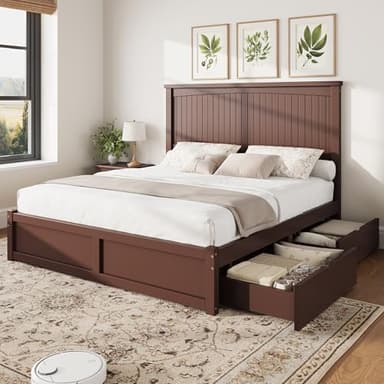 AMERLIFE Solid Wood Full Size Storage Bed Frame with Headboard, Platform Bedframe with 2 Storage Drawers, Beadboard Design & Wooden Slats/No Box Spring Needed/Noise-Free, Espresso Brown Finish