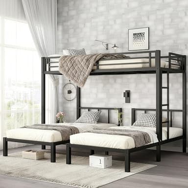 Bellemave Triple Bunk Bed for Kids, Detachable Twin Over Twin Over Twin Metal Bunk Bed with Guardrails, Ladder & Storage, Converts to 3 Separate Twin Beds, Easy to Assemble (3 Bunk Beds for Kids)