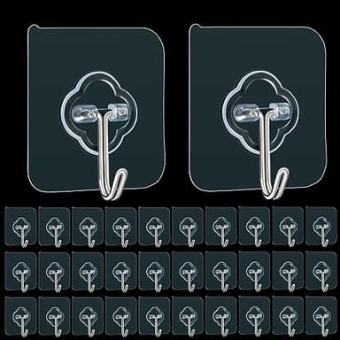 Adhesive Hooks, 32 Pack 33lb(Max) Sticky Hooks, Transparent Reusable Removable Adhesive Hooks for Hanging, Wall Hooks for Hanging Can be Use for Kitchen Bathroom Shower Outdoor Home Improvement