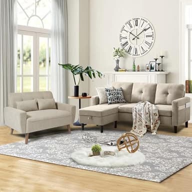 Pingliang Home 2 Piece Comfy Couch Set, 3 Seater & 2-Seater Sofa and Loveseat Set with Ottoman, Modern Sofa Sets for Living Room/Apartment/Office, Beige