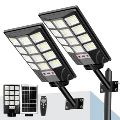 Solar Street Lights Outdoor Waterproof, 20000LM 6500K LED Motion Sensor Lights, Dusk to Dawn Solar Flood Lights with Remote, Solar-Powered Parking Lot Light, Commercial Area Lighting for Outside 2Pack