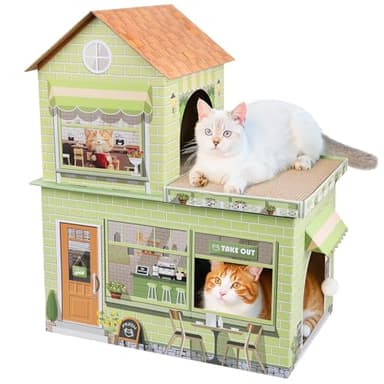 Cardboard Cat Houses for Indoor Cats - Kitten Scratcher Houses & Condos, Cafe Themed Hut Hideout Play House Bed with Scratching Pads, Scratch Box for Large Kitty Rabbit Bunny Small Animals