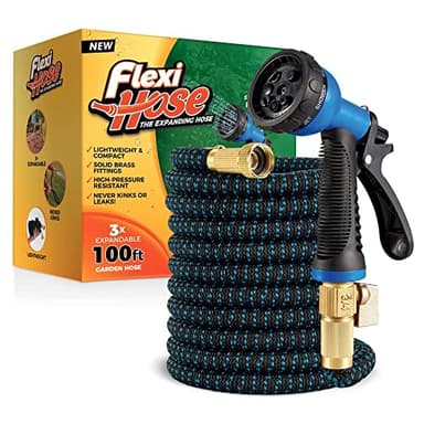 Flexi Hose Expandable Garden Hose with 8 Function Nozzle, 100FT - Lightweight Retractable Garden Hose, Water Hose - No-Kink Flexibility, 3/4 Inch Solid Brass Fittings and Double Latex Core