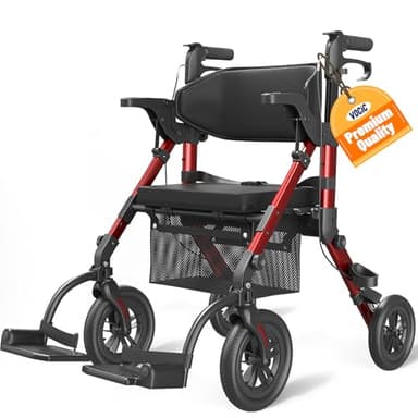 VOCIC Walkers for Seniors, Wheelchairs for Adults, Rollator Walker with Seat, 2 in 1 Rollator Transport Chair with Brakes, Rollator Lightweight Foldable, Walker Wheelchair Combo
