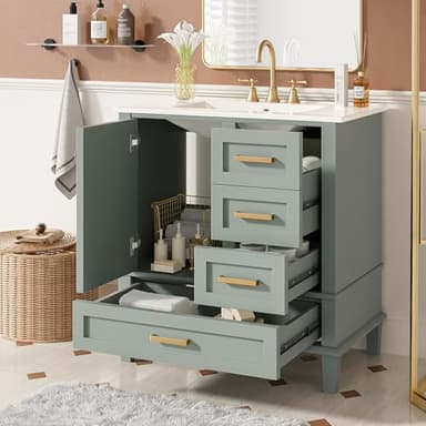 30" Bathroom Vanity with Sink, 30 in Vanity with Sink for Bathroom, Modern Bathroom Vanity with Sink 30 Inch, 30 Restroom Vanity with Sink, 3 Drawers and 1 Soft Closing Door (Light Green)