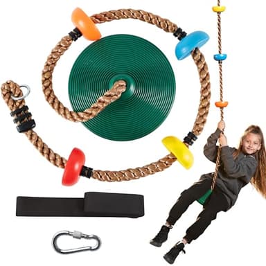 TURFEE Tree Swing for Kids - Single Disc Seat and Climbing Rope Set w/Carabiner & 4 Ft Strap - Treehouse and Outdoor Playground Accessories - Green ﻿