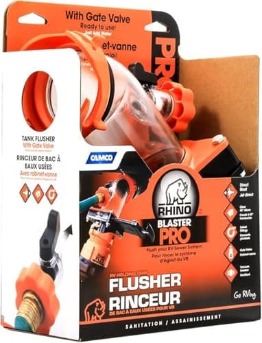 Camco Rhino Blaster Pro RV Holding Tank Flusher with Gate Valve, Orange and Black, Professional Grade Sewer System Cleaner AquaMax 64 FL OZ Bottle (39085-27185) Including 3" Rigid Hitch Decal Logo