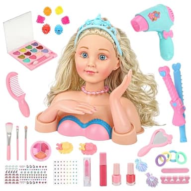 Hair Styling Doll Head Makeup Kit Girls Toys,Pretend Play Hair Salon Toy With Real Cosmetics Nail Polish,Hairdryer Curling Iron Hair Accessories Beauty Stylist Kit Girl Gifts 3 4 5 6+ Years Old