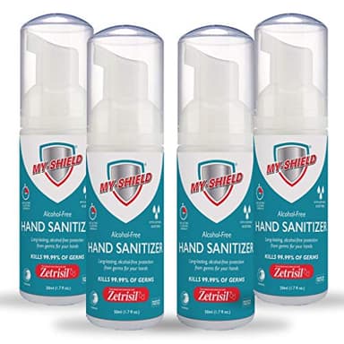 My-Shield Hand Sanitizer Foam 1.7 oz (4 pack). Long-lasting protection. Softens hands with Aloe Vera. Formulated with Zetrisil. Alcohol FREE. FDA Registered