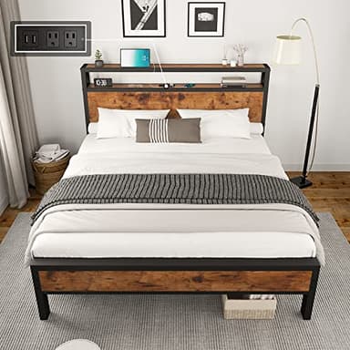 AMERLIFE Full Size Bed Frame, Industrial Platform Bed with Charging Station, 2-Tier Storage Headboard/No Box Spring Needed/Noise-Free/Dark Brown