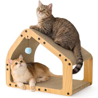 ZOMISIA 20'' Cardboard Cat Scratcher House - Large Cat Scratching Board with Balls, Cat Lounger as Tunnel for Indoor Cats and Kittens, Safe & Secure, Brown