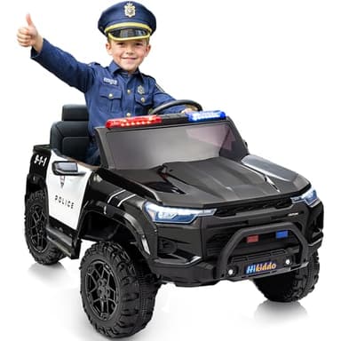 Hikiddo Electric Police Car for Kids 2 Seater, 24V 10AH Ride on Toy for Big Kids with Remote Control, 4x200W Motors, 5mph Max Speed - Black