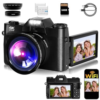 Camera Digital, FHD 75MP WiFi 4K Vlogging Video Camera for YouTube with 3'' 180°Flip Screen, 64GB SD Card, 16x Digital Zoom, 2 Batteries, Point and Shoot Digital Camera for Beginner Black