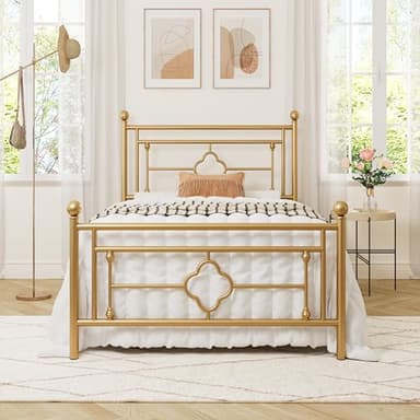 Allewie Twin Size Metal Platform Bed Frame with Victorian Vintage Headboard and Footboard/Mattress Foundation/Under Bed Storage/No Box Spring Needed/Noise-Free/Easy Assembly, Gold